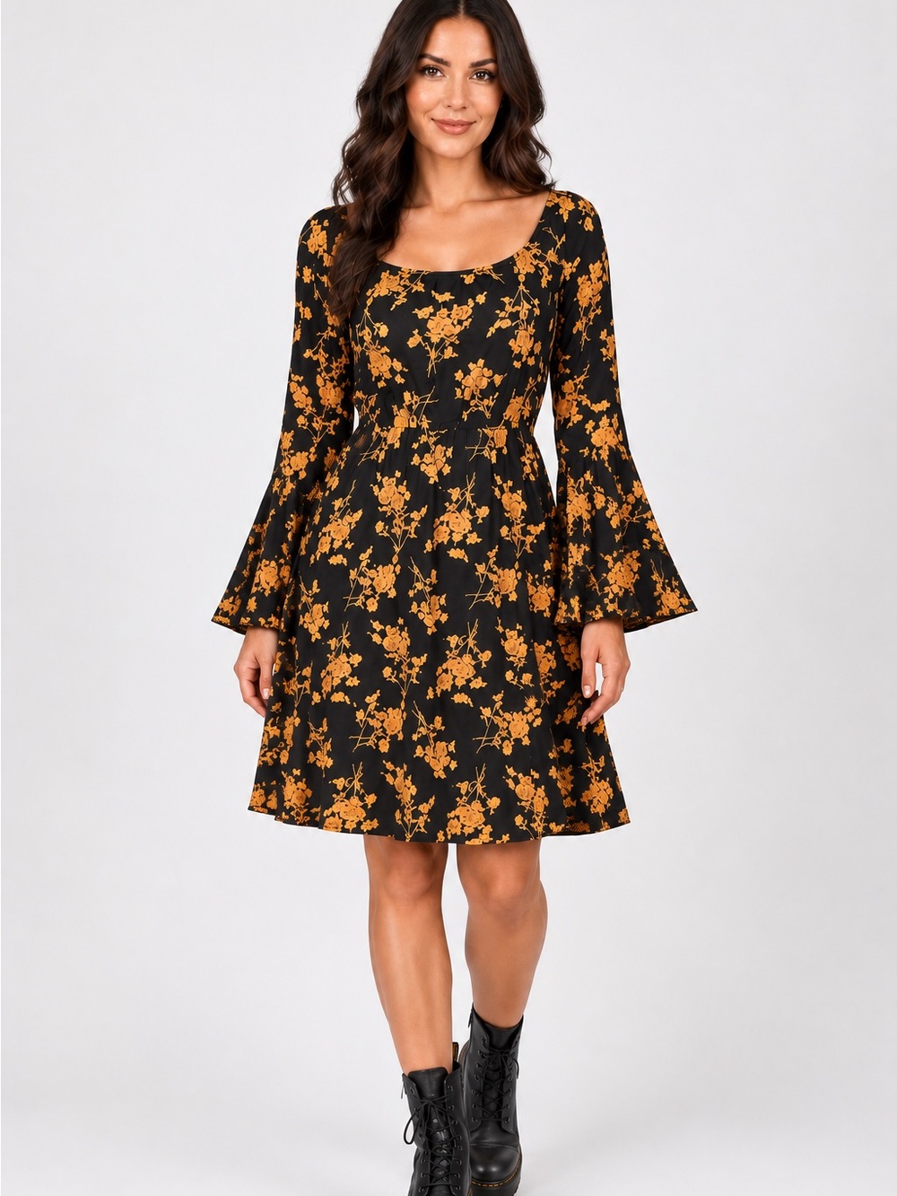 Floral Peasant Dress Black Women’s  L Bell Sleeve Hocus Pocus Witchy Whimsygoth